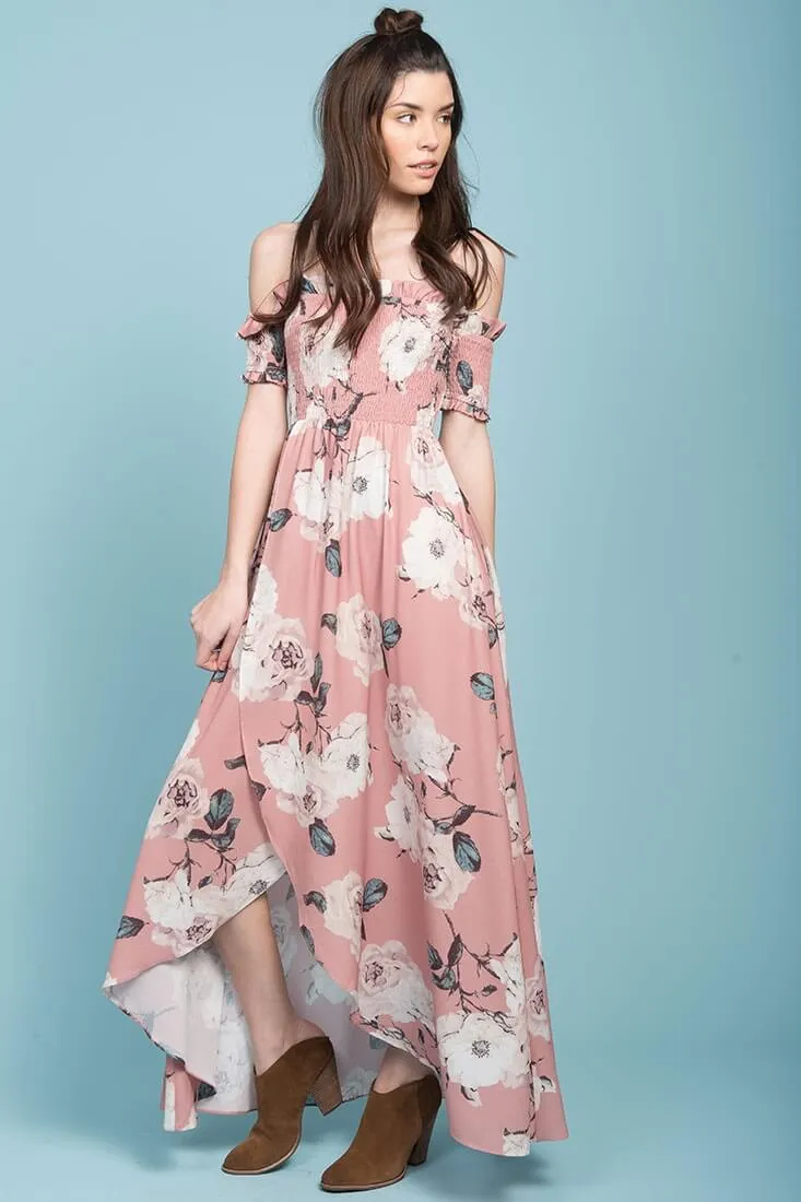 Londyn Floral Print Ruffled Sleeve Maxi Dress Pink