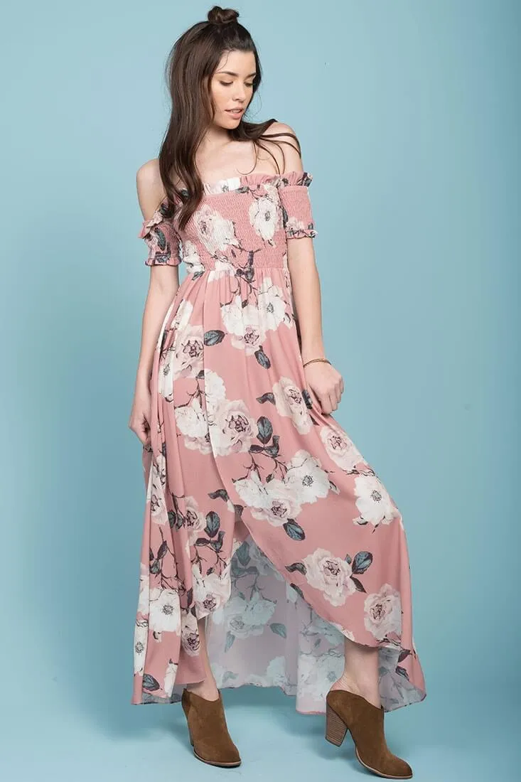 Londyn Floral Print Ruffled Sleeve Maxi Dress Pink