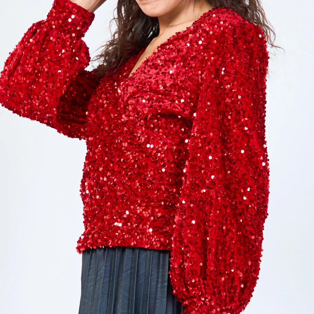 Long sleeve sequin wrap top wholesale