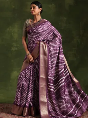 Mauve Printed Silk Blend Saree With Unstitched Blouse Piece