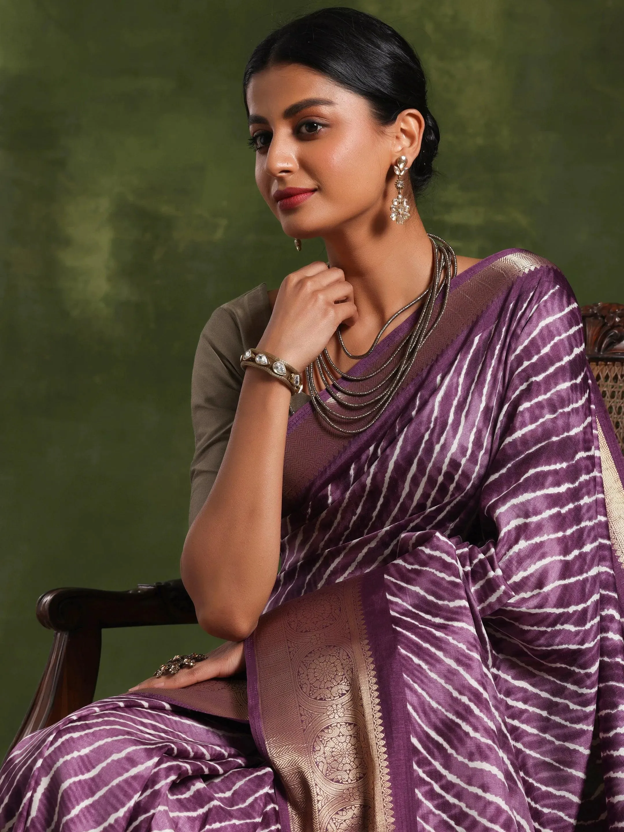 Mauve Printed Silk Blend Saree With Unstitched Blouse Piece