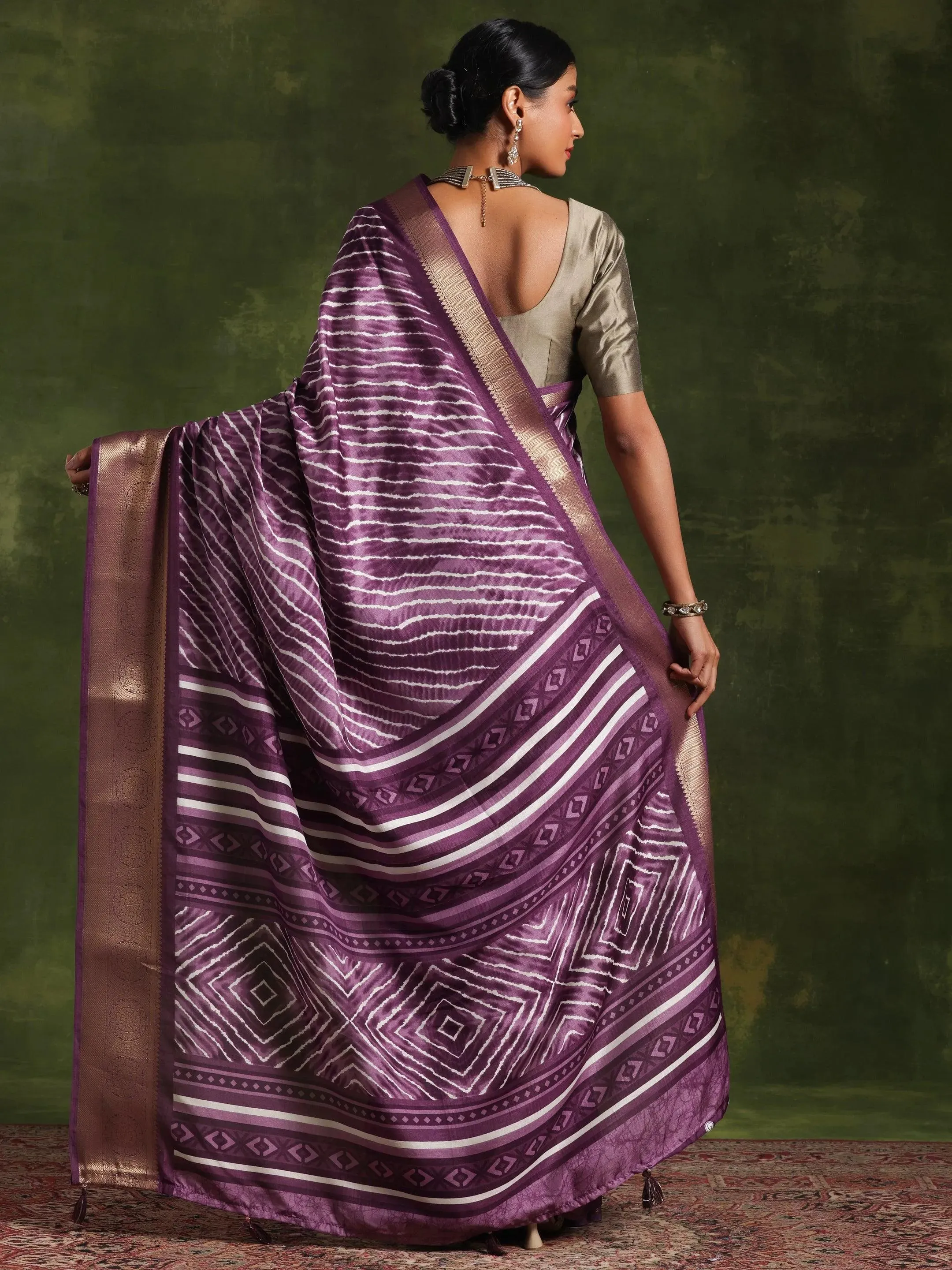 Mauve Printed Silk Blend Saree With Unstitched Blouse Piece