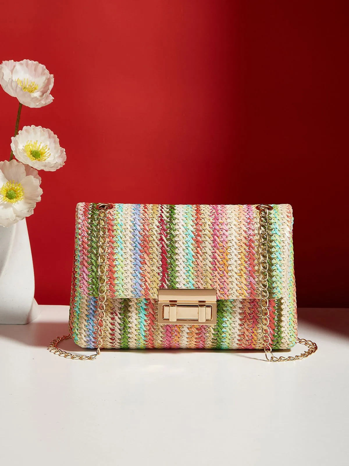 Multicolor Rainbow Flap Straw Bag