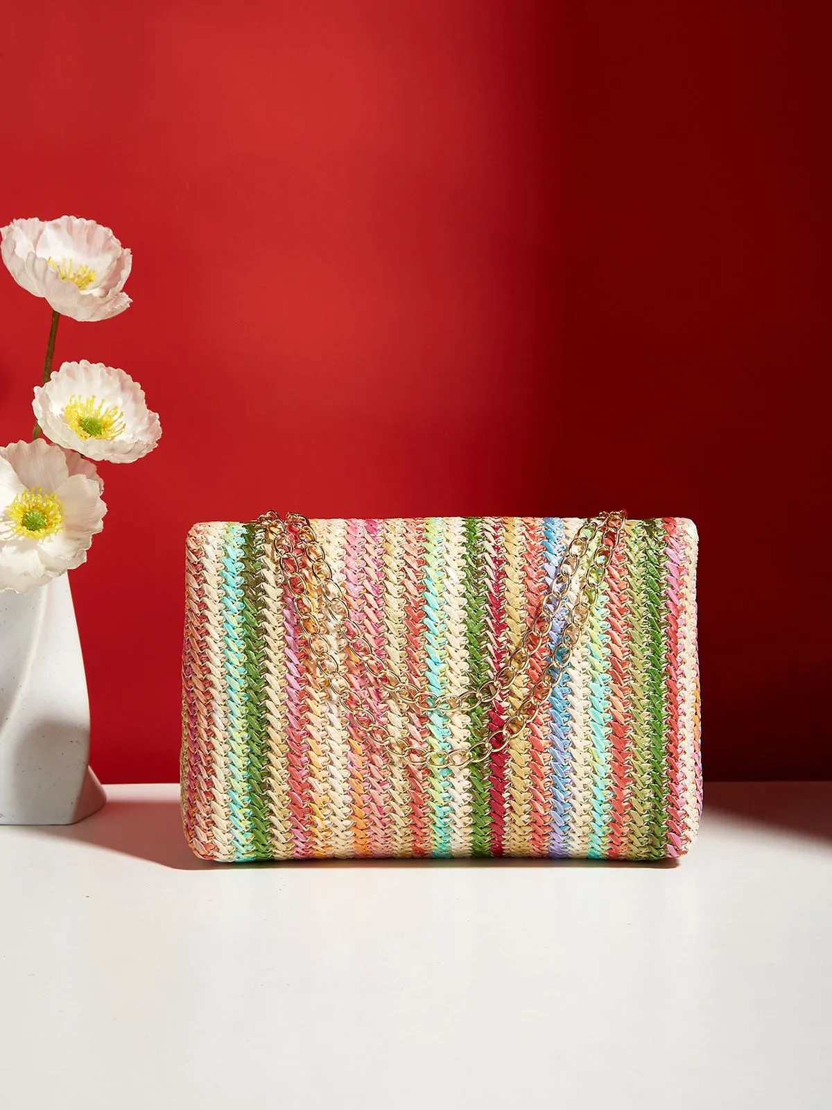 Multicolor Rainbow Flap Straw Bag