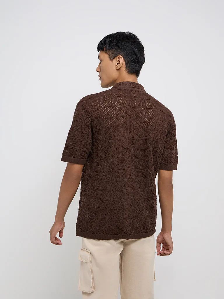 Nuon Brown Knit-Textured Relaxed-Fit Cotton Shirt