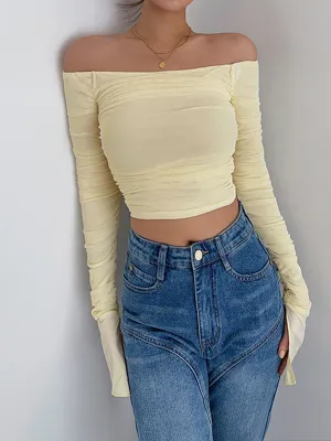 Off Shoulder Graceful Mesh Crop Shirt