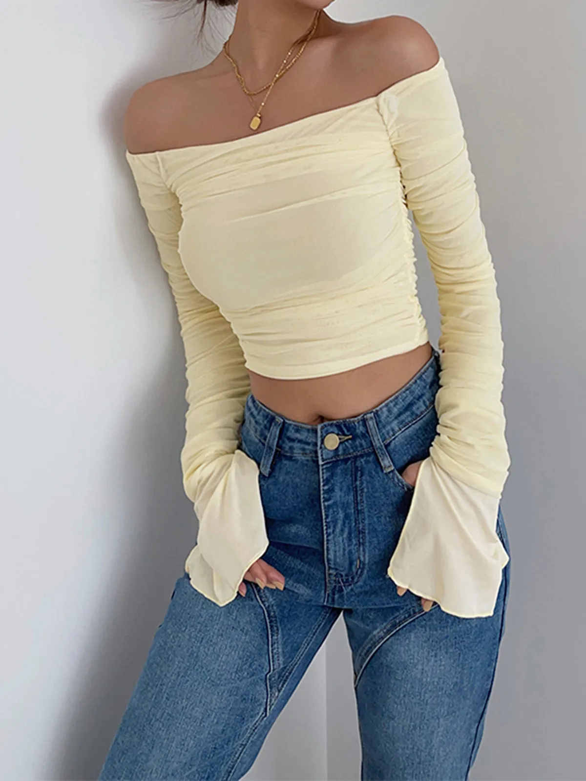 Off Shoulder Graceful Mesh Crop Shirt