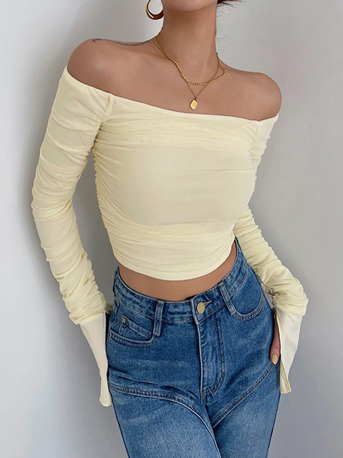 Off Shoulder Graceful Mesh Crop Shirt