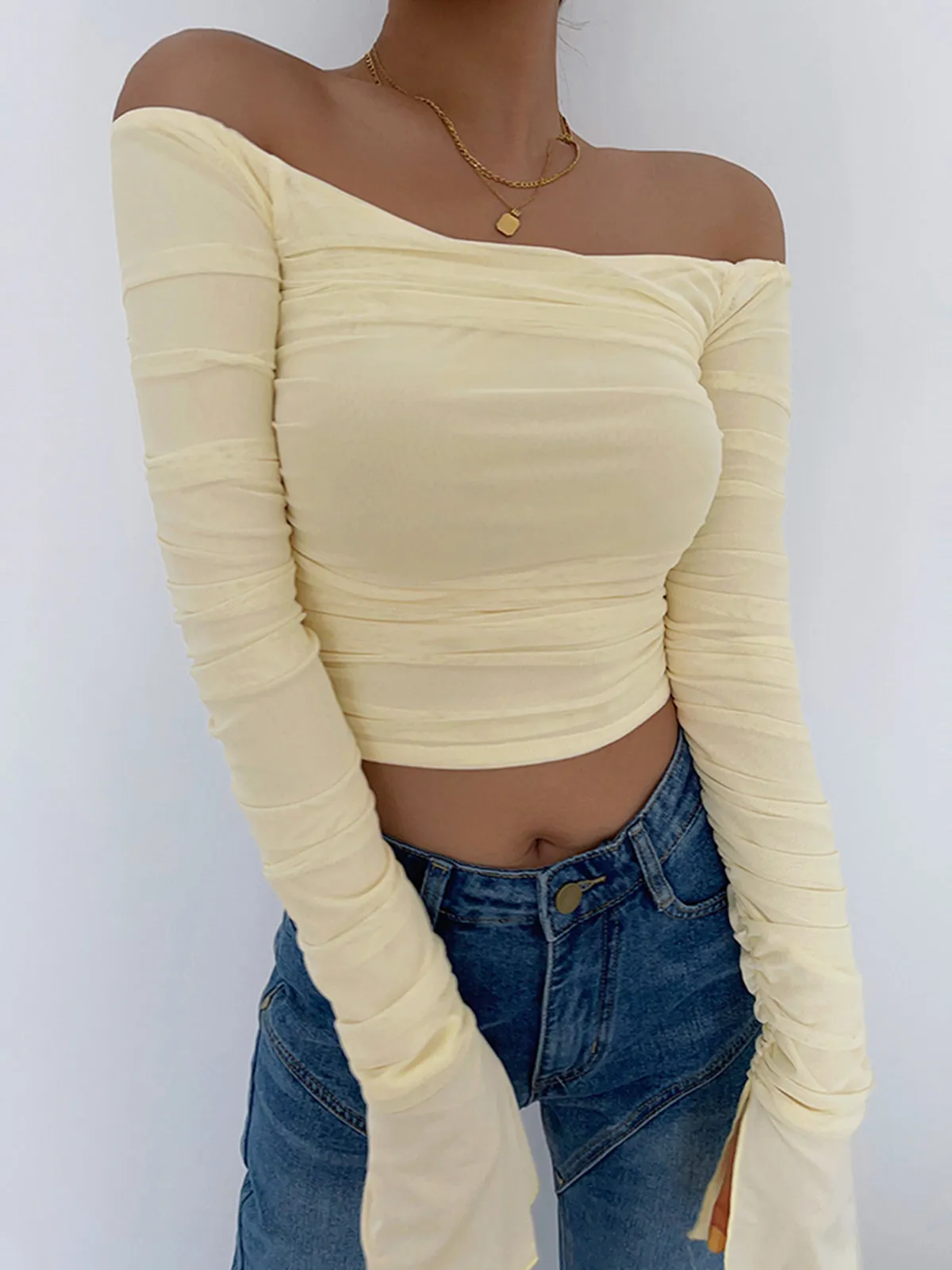 Off Shoulder Graceful Mesh Crop Shirt