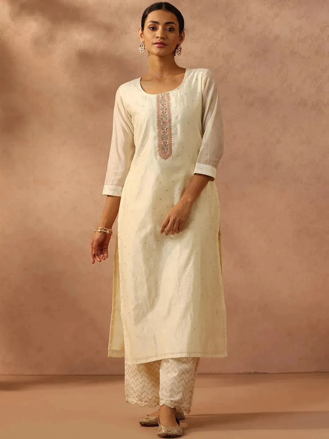 Off White Self Design Chanderi Silk Straight Kurta