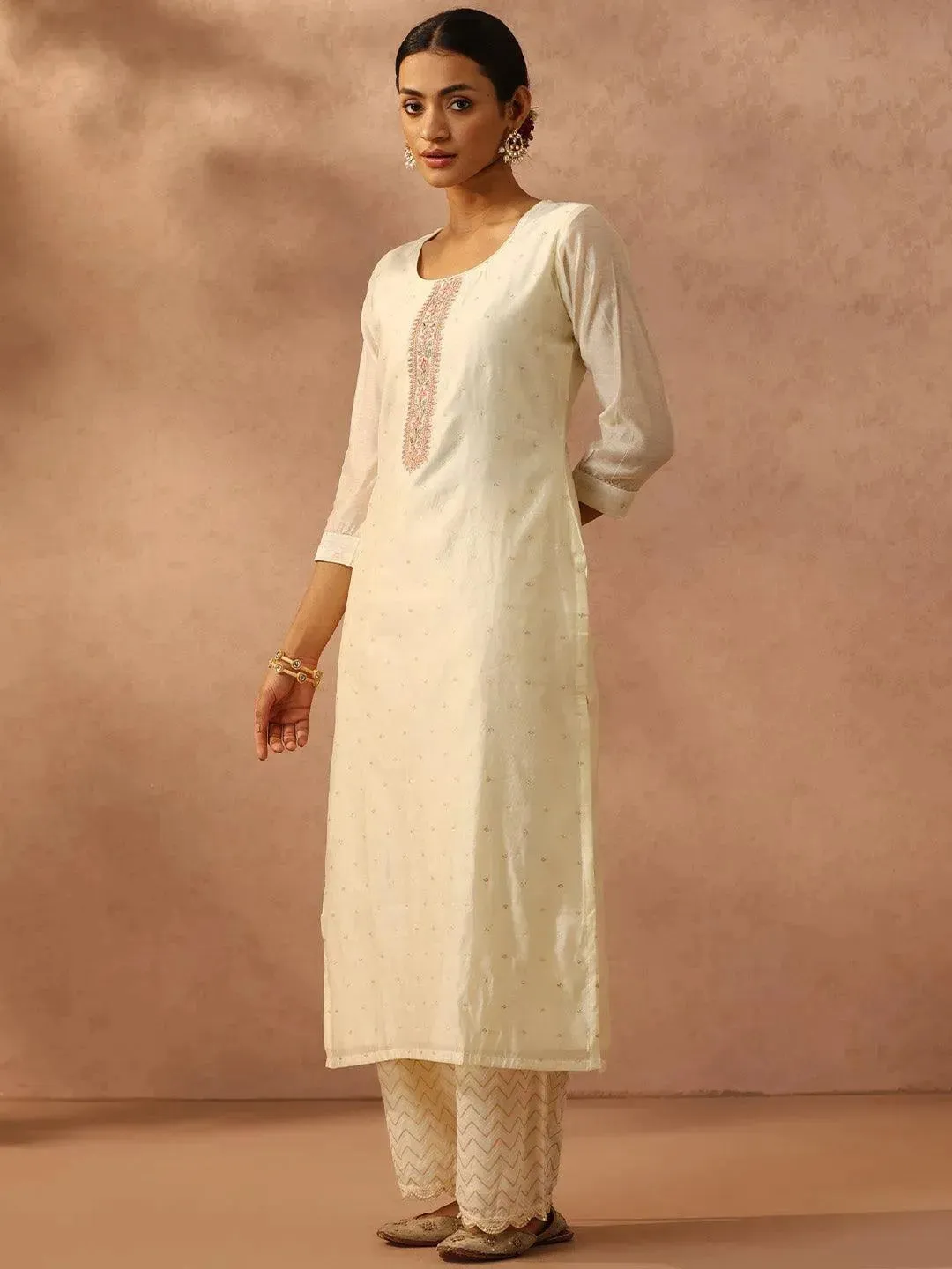 Off White Self Design Chanderi Silk Straight Kurta