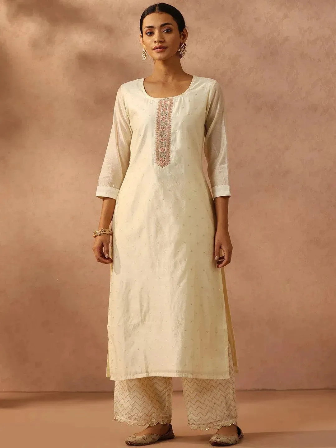 Off White Self Design Chanderi Silk Straight Kurta