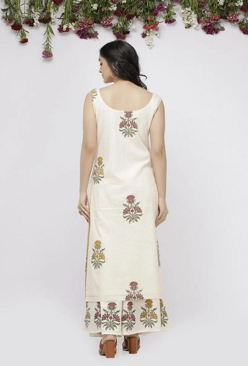 Off White  Straight Fit Hand-Block Printed Kota Kurta