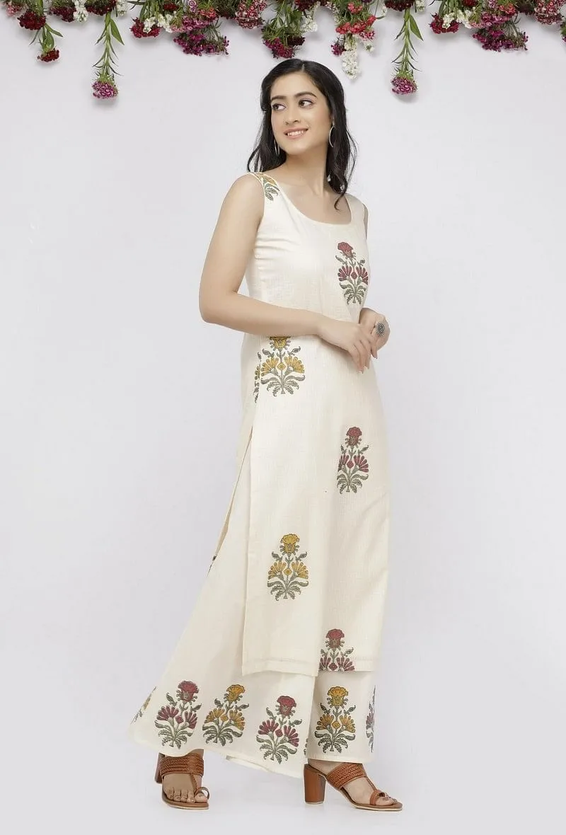 Off White  Straight Fit Hand-Block Printed Kota Kurta