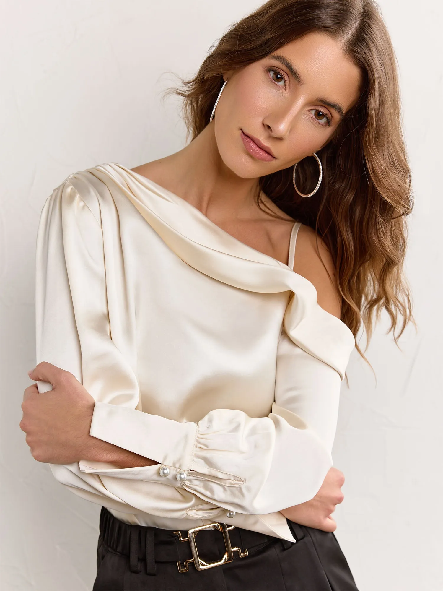 One-Shoulder Satin Long Sleeve Blouse - Fate