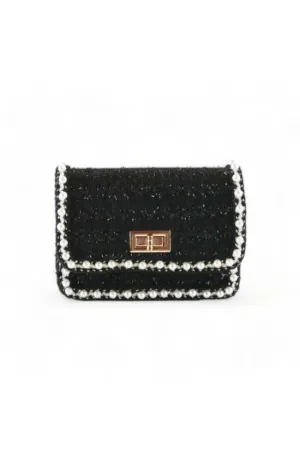 Pearl Trim Tweed Purse in Black