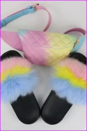 Pink Yellow Blue Fur Slides & Waist Bag Set #2 F952