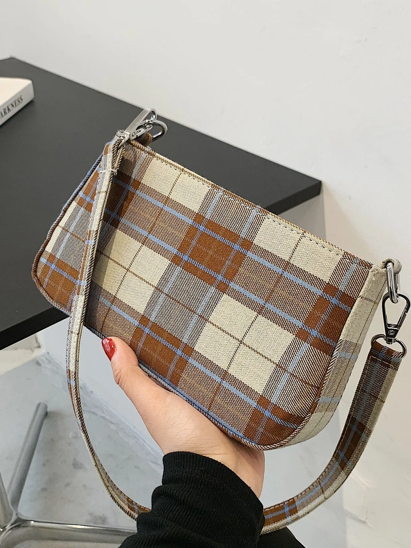 Plaid Graphic Baguette Bag