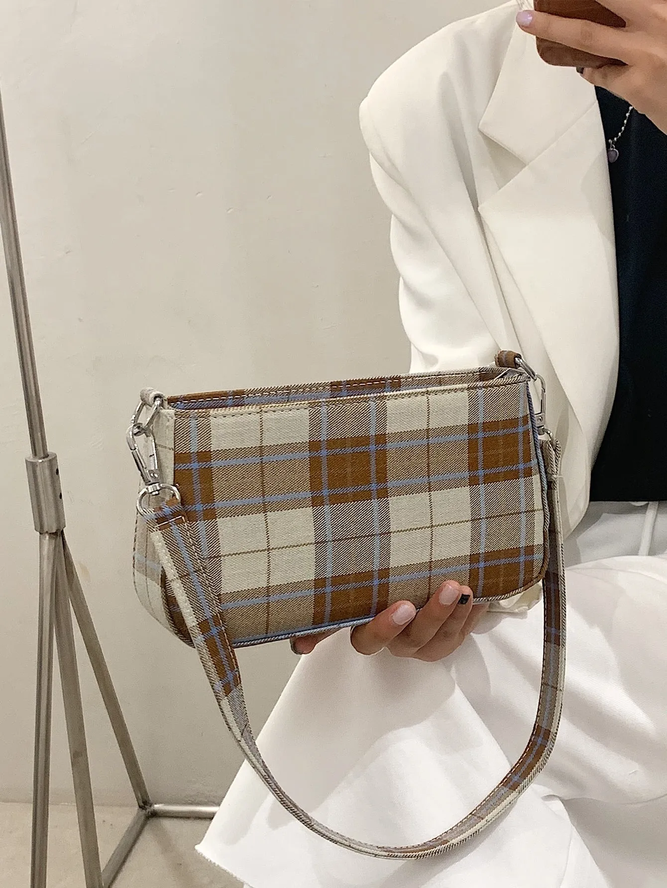 Plaid Graphic Baguette Bag