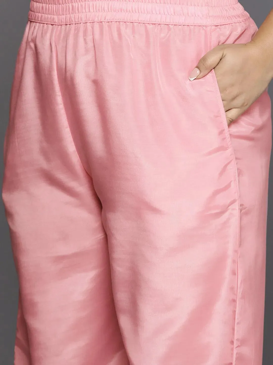 Plus Size Pink Woven Design Silk Blend Straight Kurta With Trousers & Dupatta