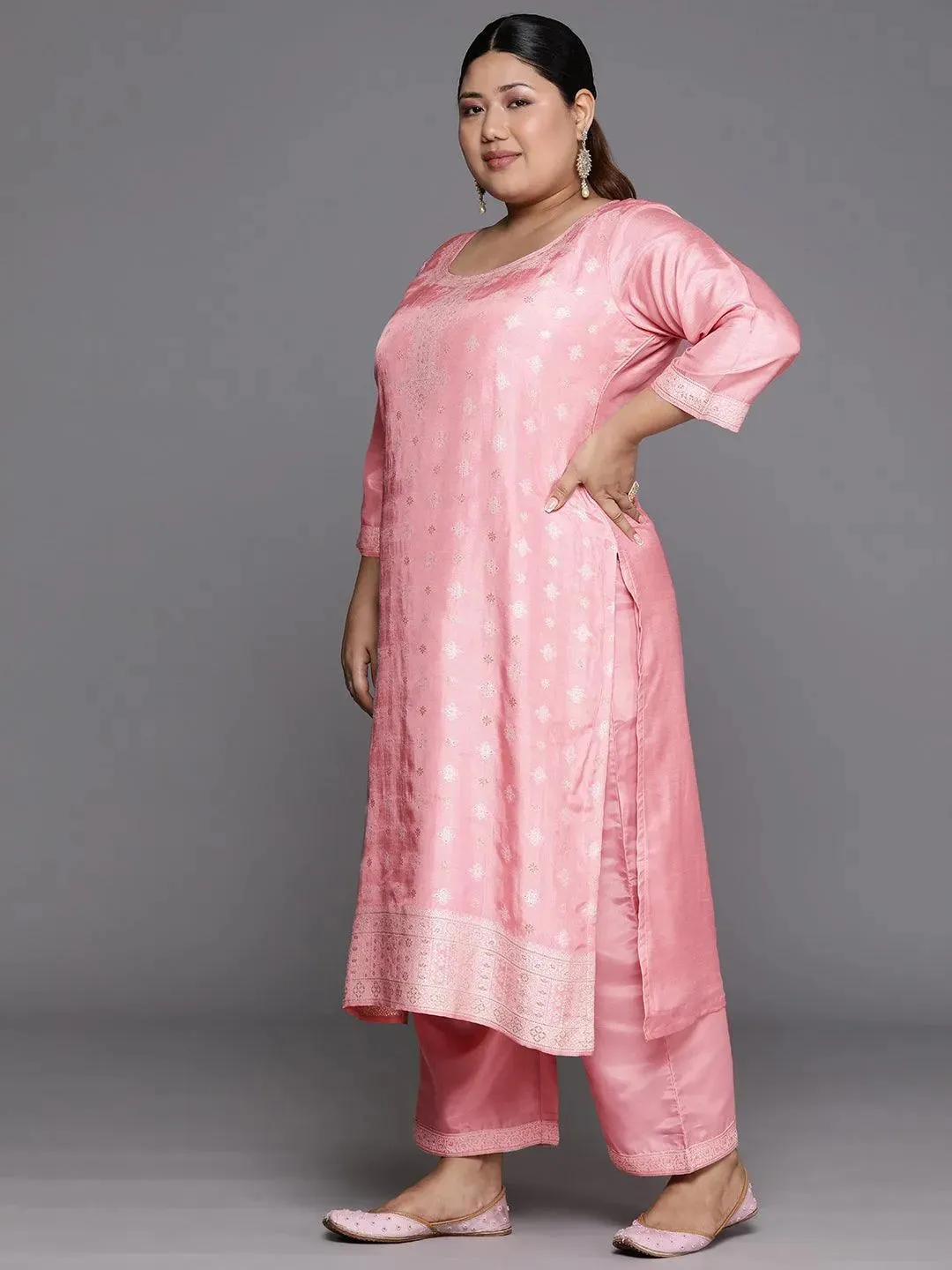 Plus Size Pink Woven Design Silk Blend Straight Kurta With Trousers & Dupatta