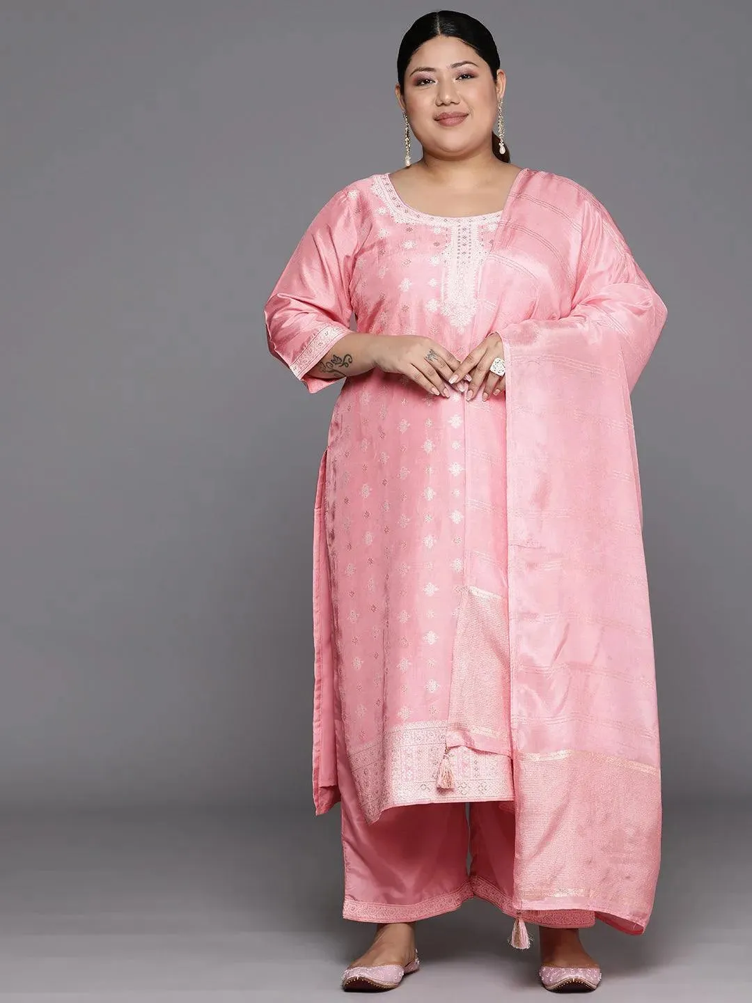 Plus Size Pink Woven Design Silk Blend Straight Kurta With Trousers & Dupatta