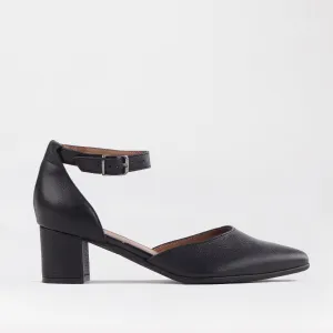 Pointed Block Heel with Ankle Strap in Black - 12627