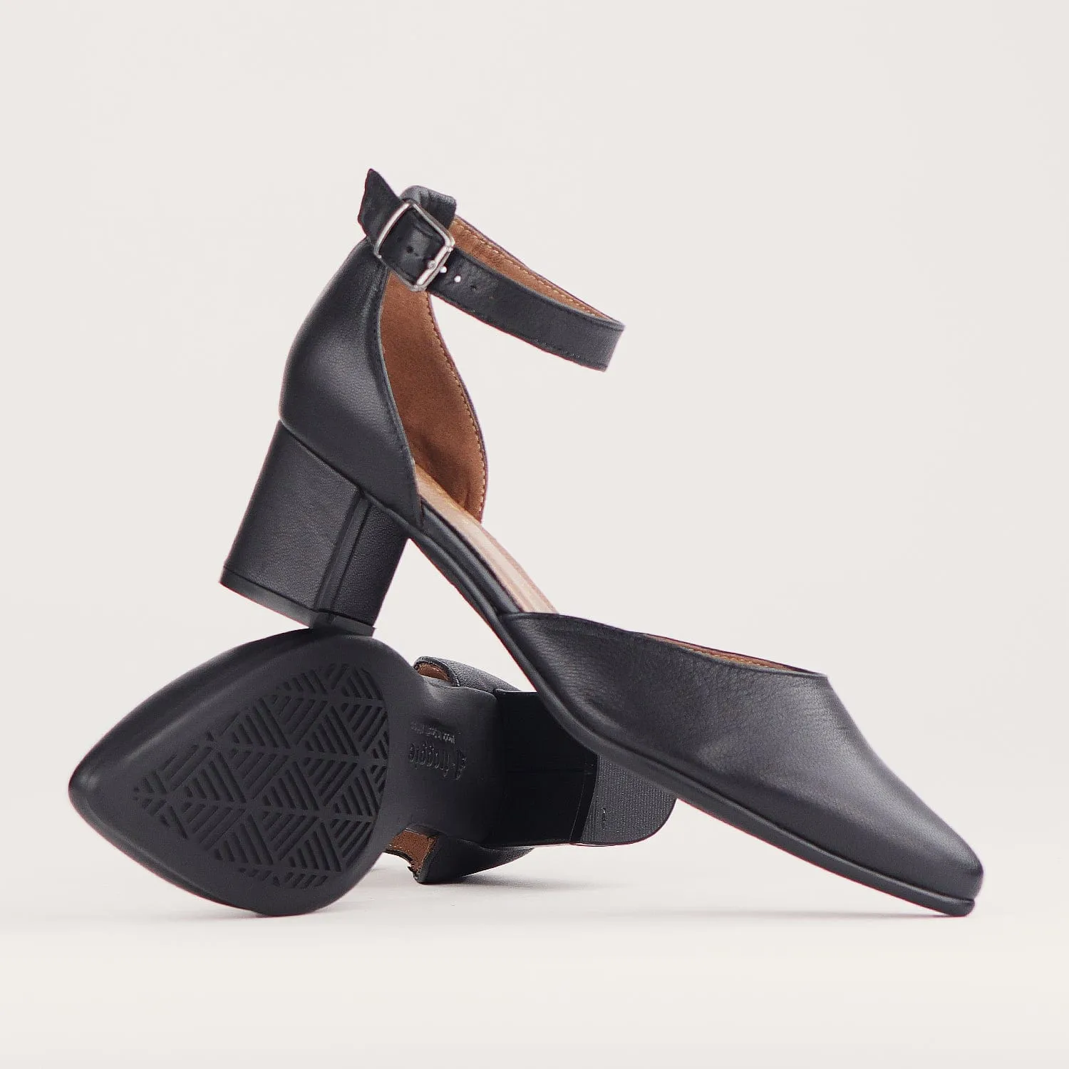 Pointed Block Heel with Ankle Strap in Black - 12627