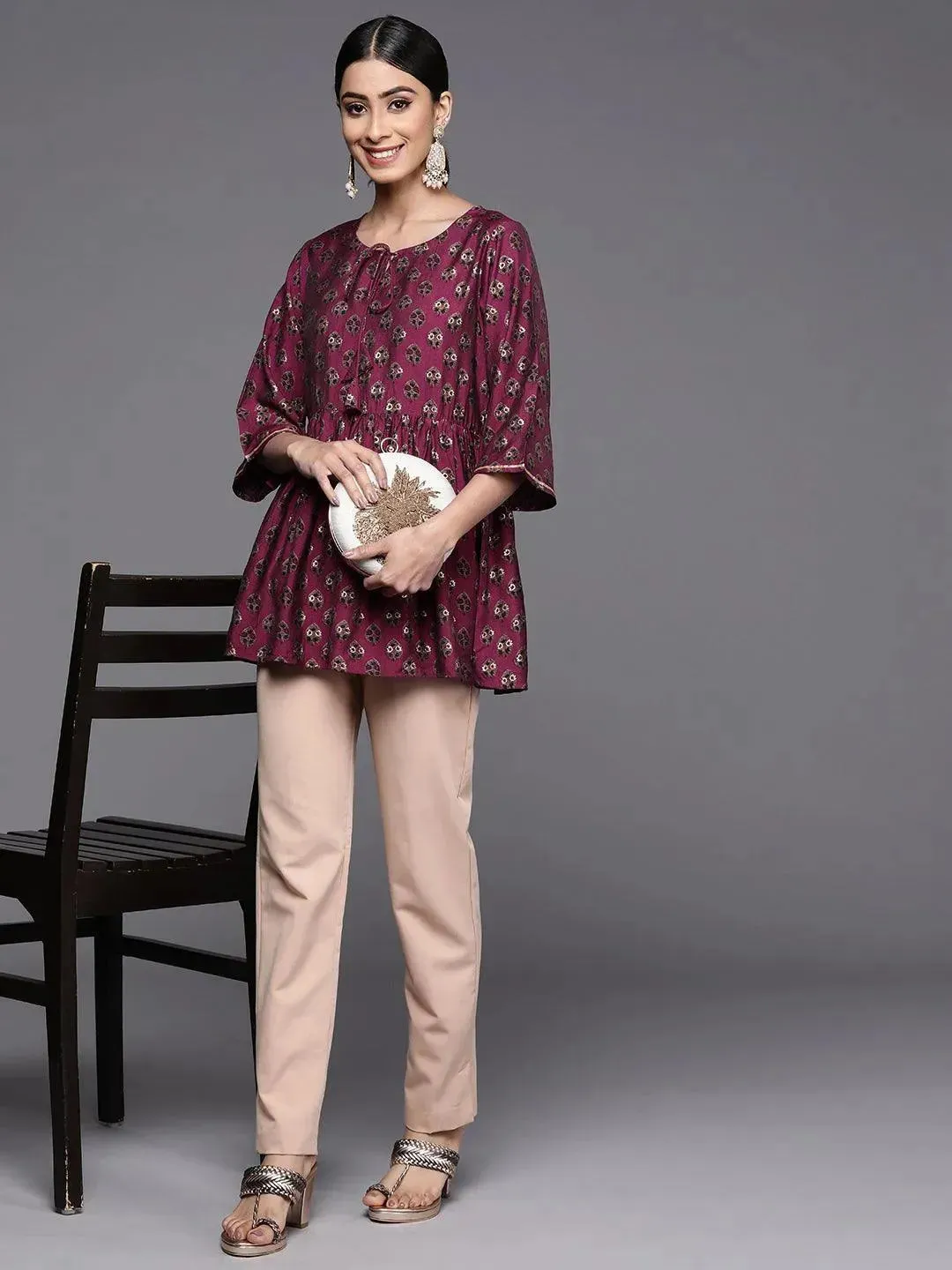 Purple Printed Silk Blend A-Line Kurti