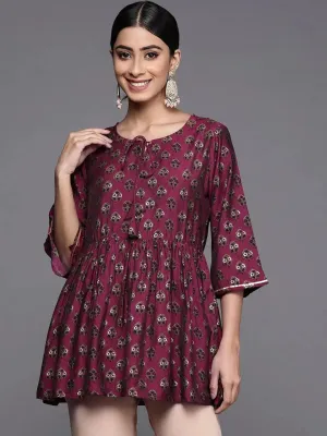 Purple Printed Silk Blend A-Line Kurti