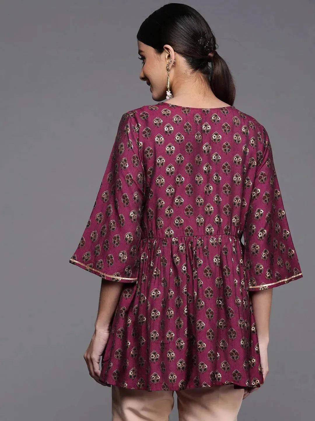 Purple Printed Silk Blend A-Line Kurti