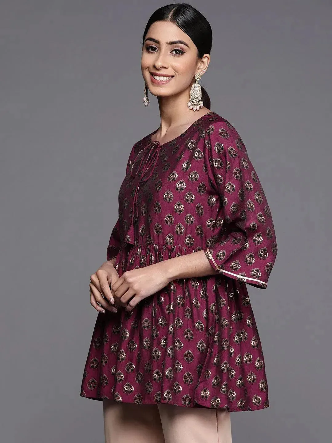 Purple Printed Silk Blend A-Line Kurti