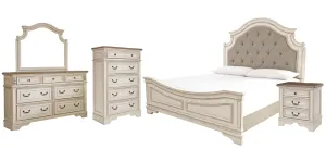 Realyn Queen Upholstered Panel Bed with Mirrored Dresser, Chest and Nightstand