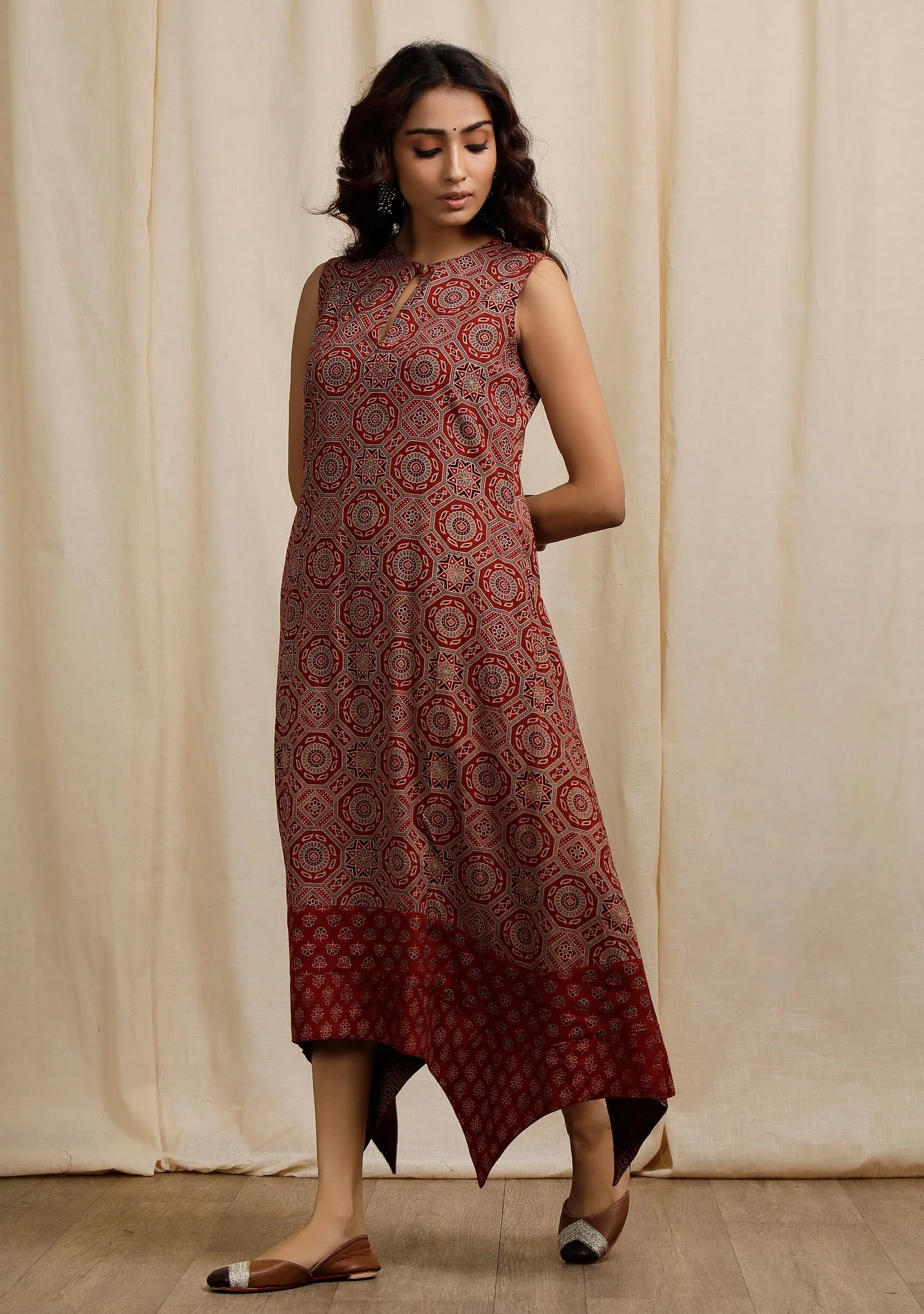 Red Ajrakh Print Sleeveless Asymmetrical Dress