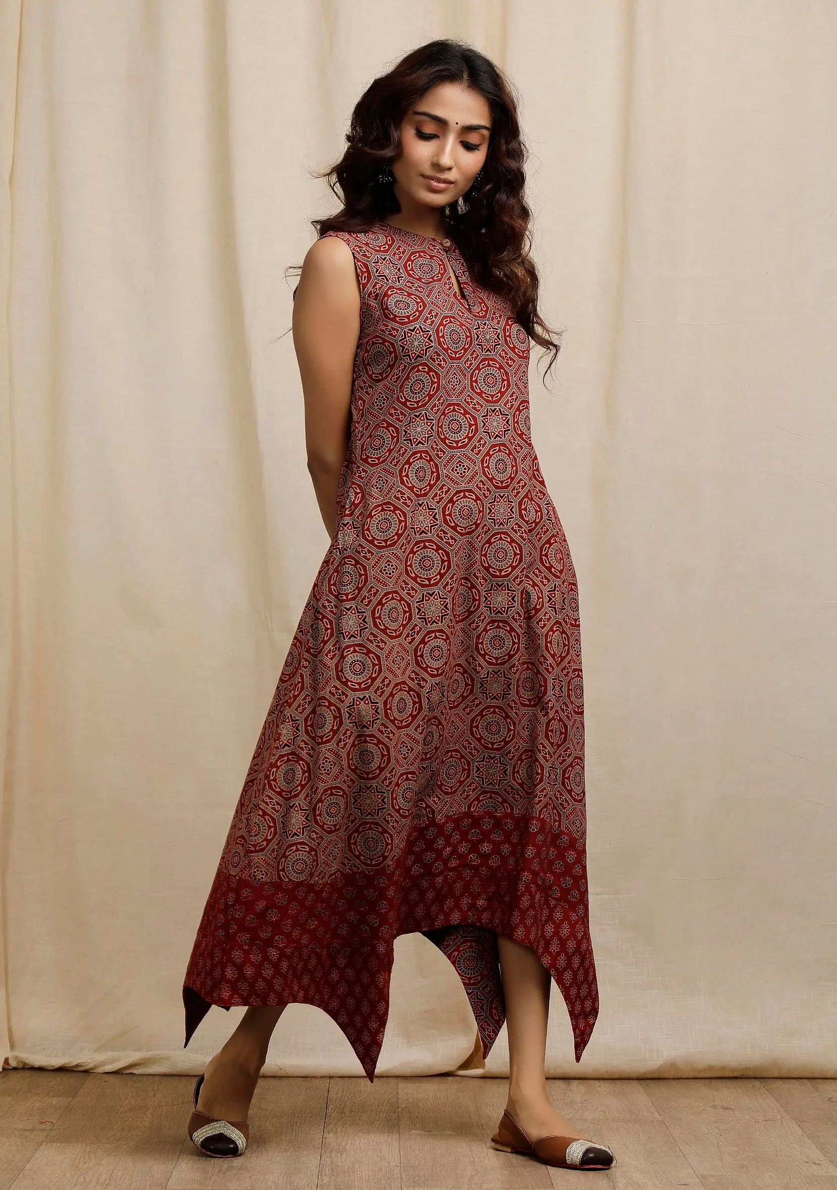 Red Ajrakh Print Sleeveless Asymmetrical Dress