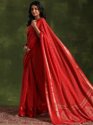 Red Printed Silk Blend Saree With Unstitched Blouse Piece