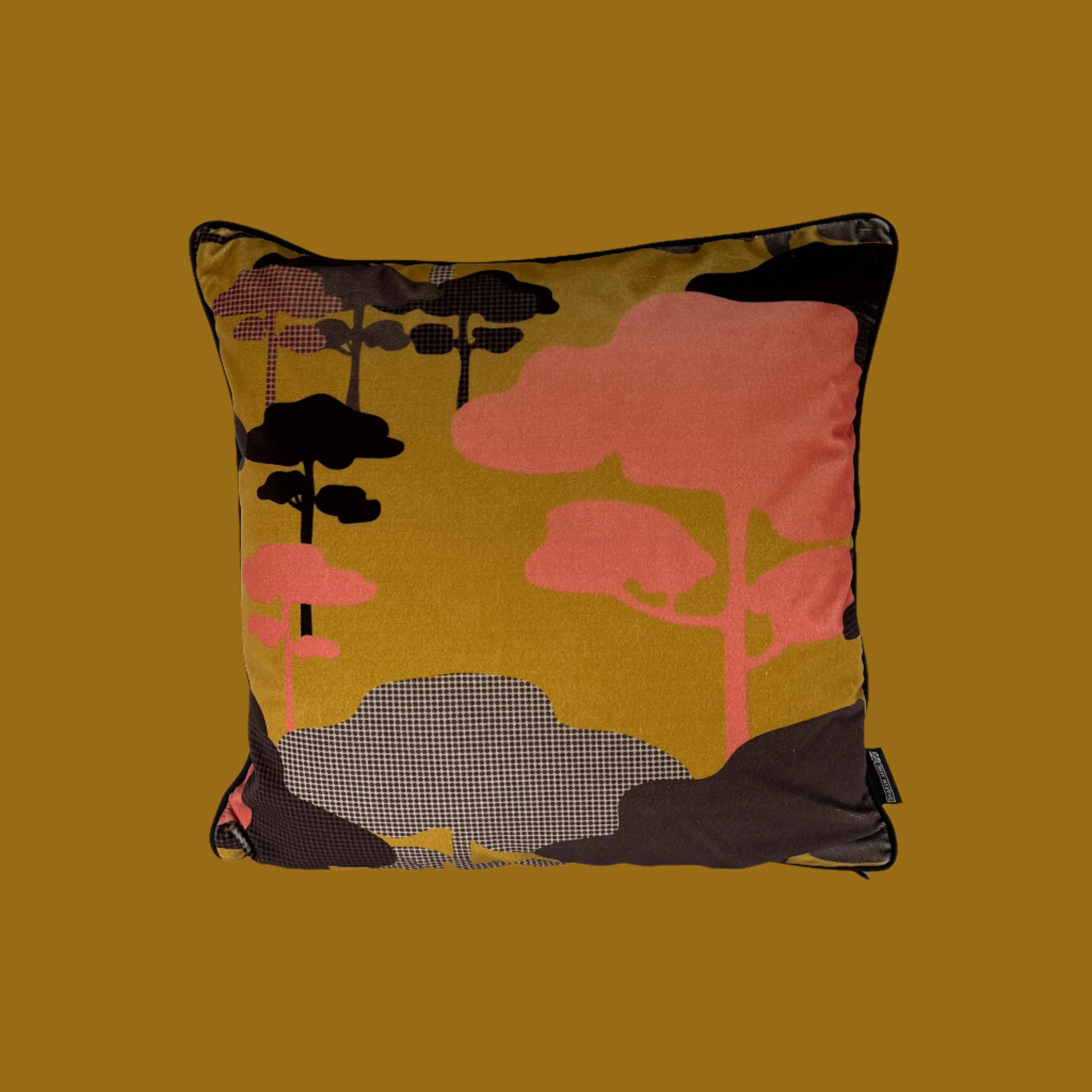 Retro Tree Velvet Cushion - Ochre, Coral   Graphite