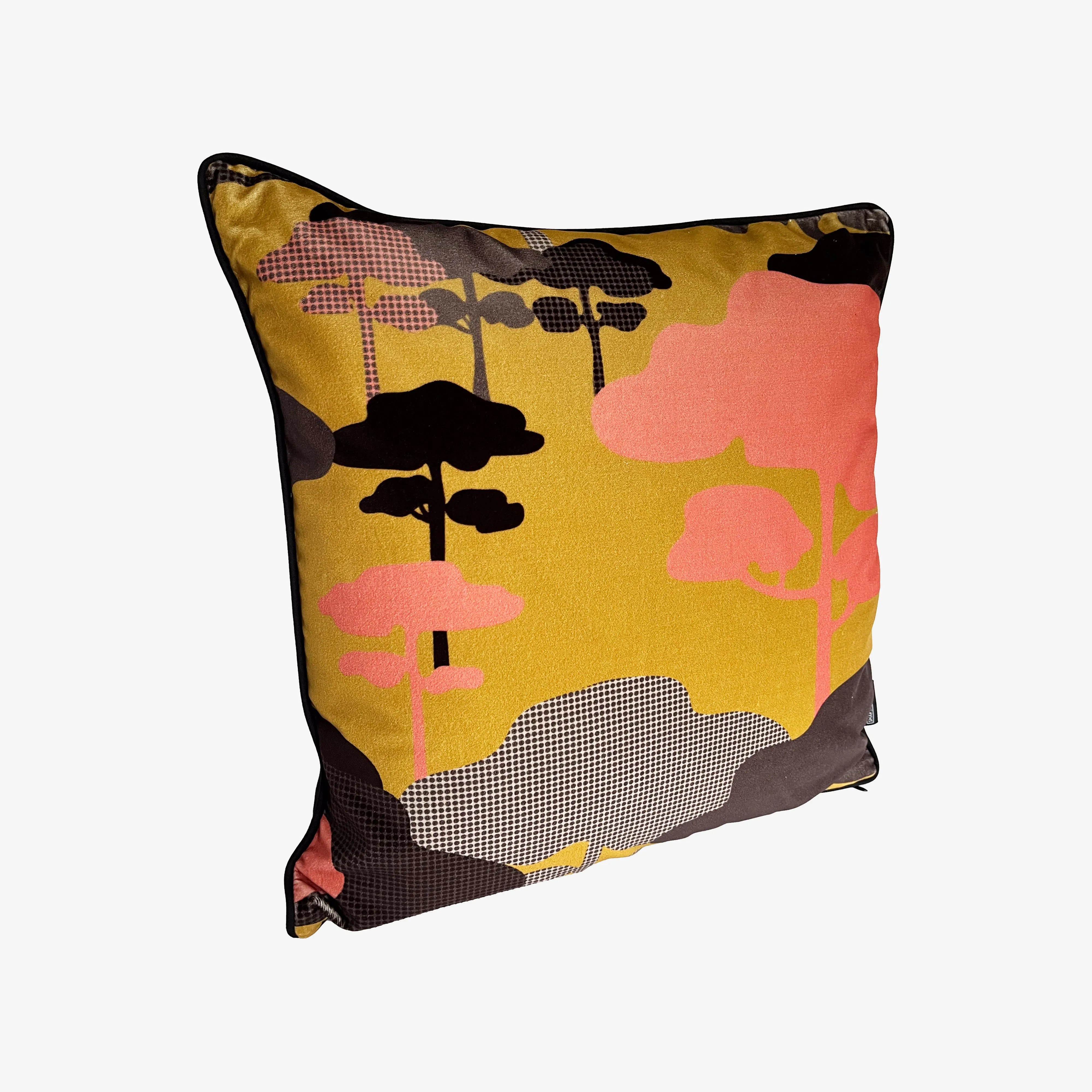 Retro Tree Velvet Cushion - Ochre, Coral   Graphite