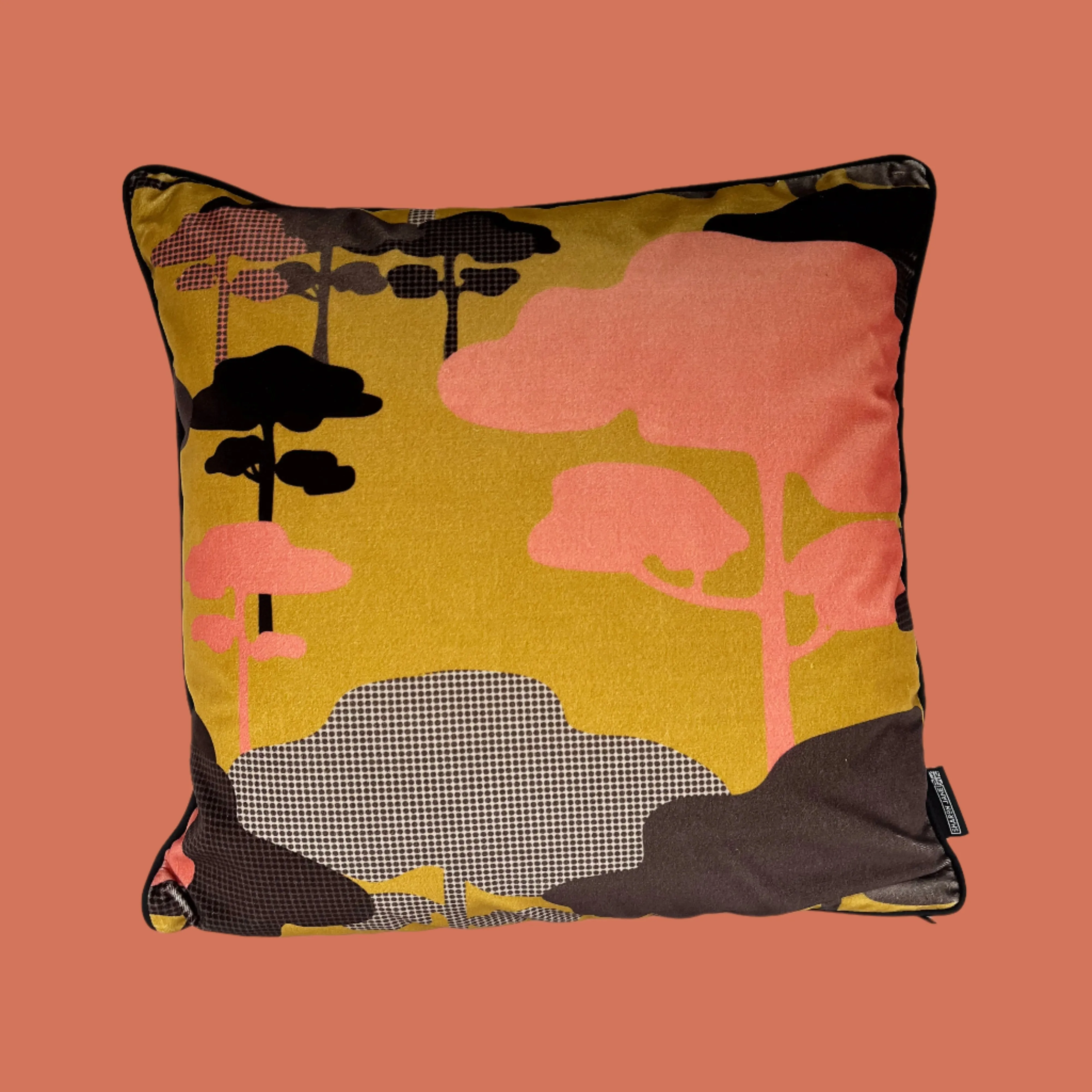 Retro Tree Velvet Cushion - Ochre, Coral   Graphite