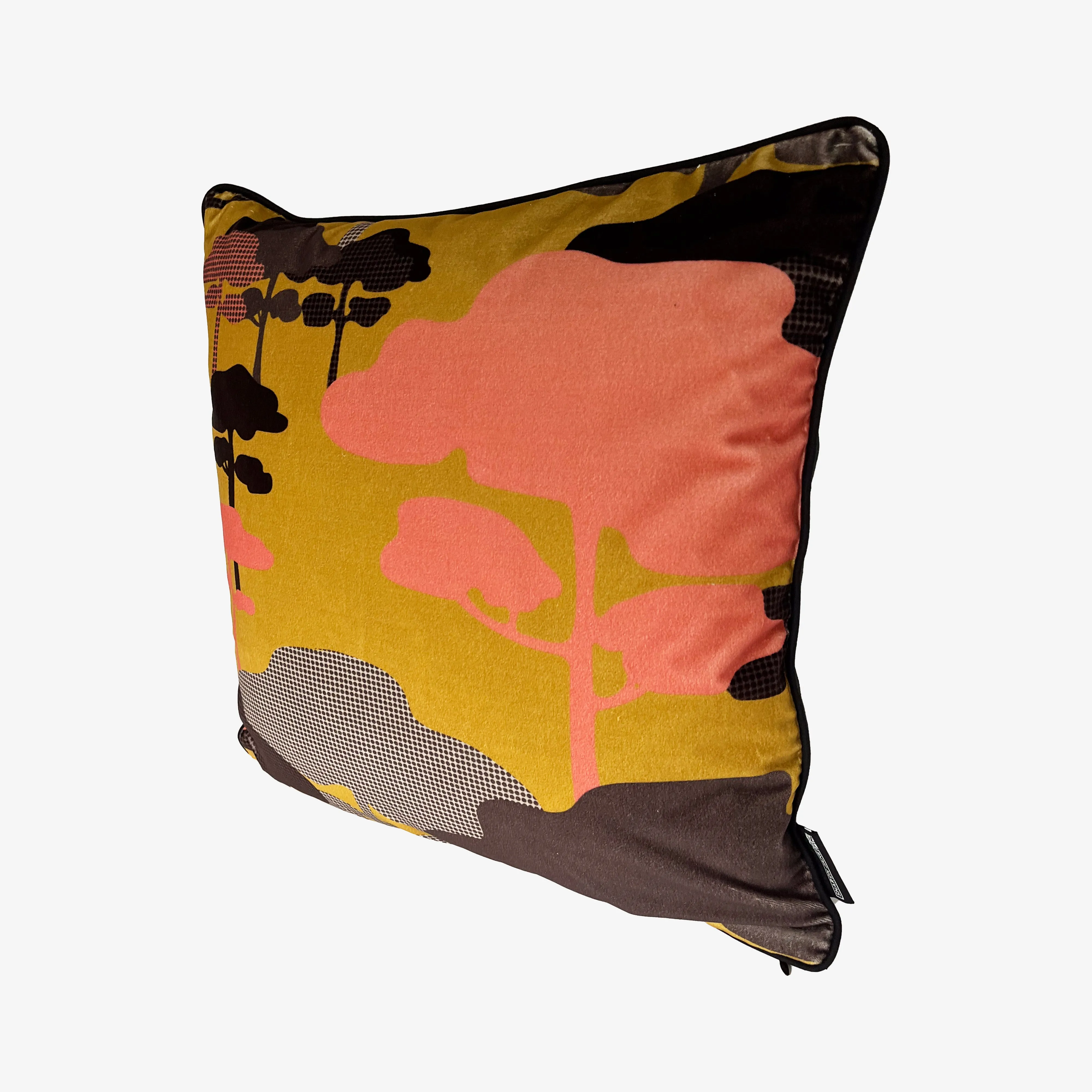 Retro Tree Velvet Cushion - Ochre, Coral   Graphite