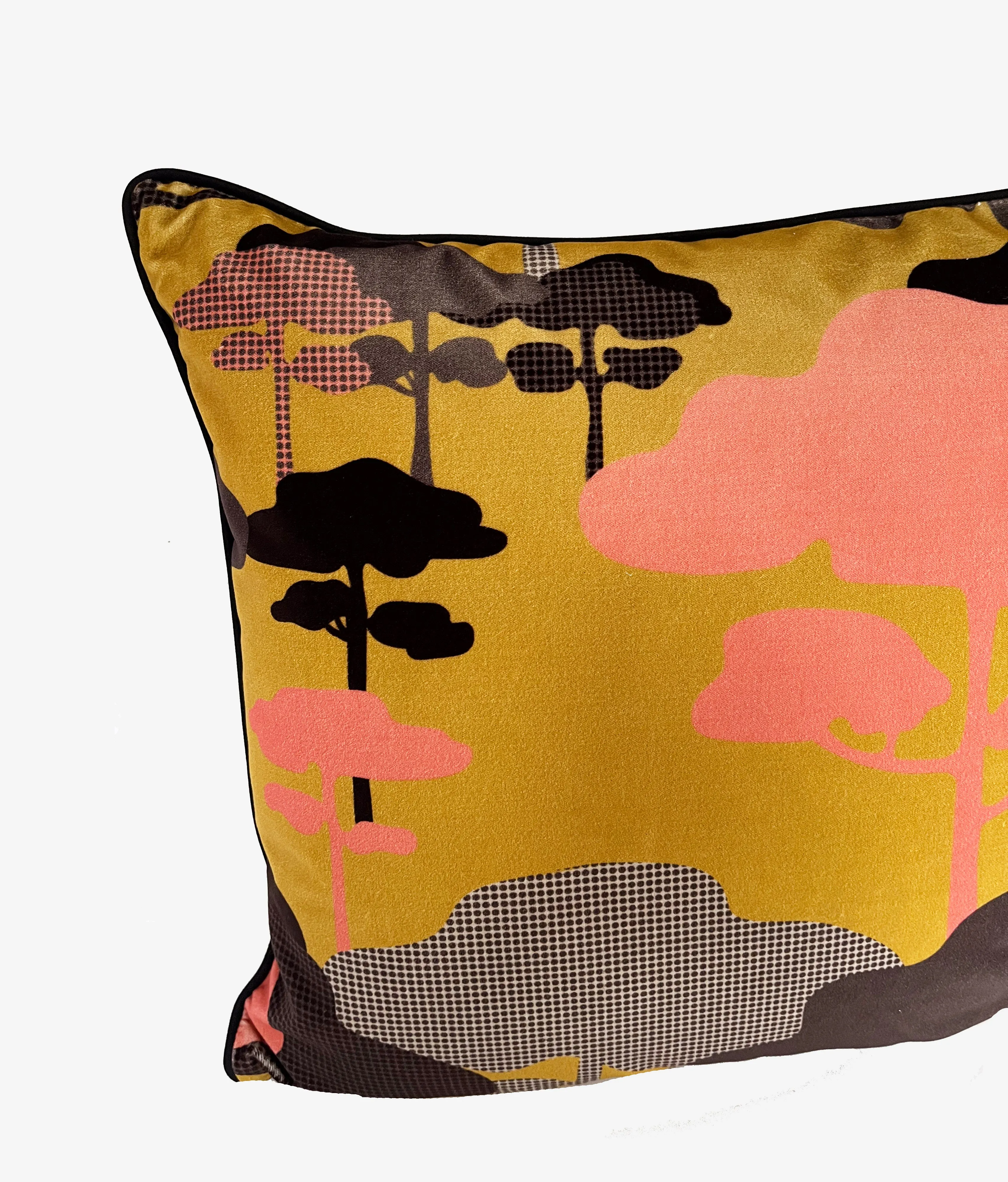 Retro Tree Velvet Cushion - Ochre, Coral   Graphite