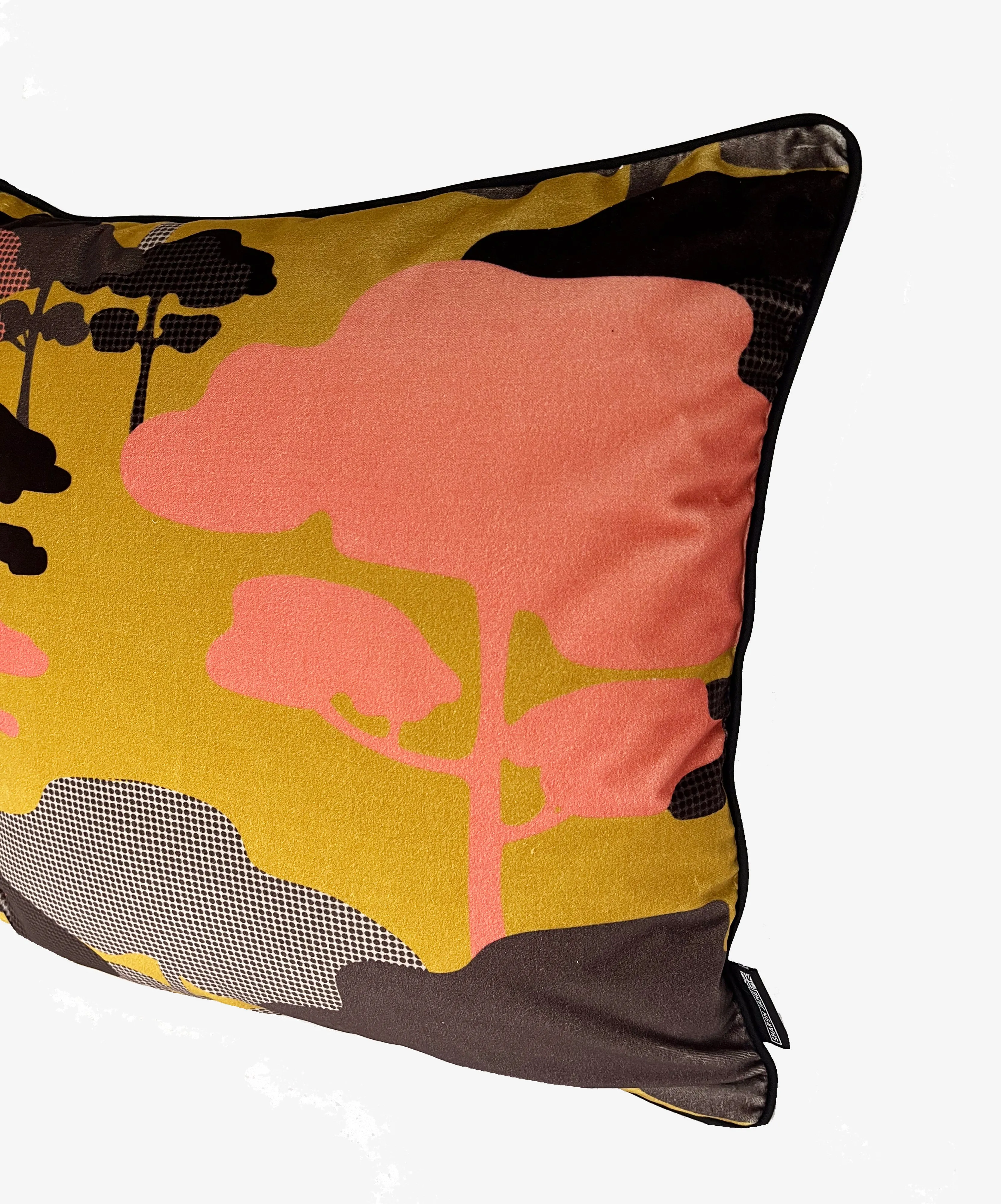 Retro Tree Velvet Cushion - Ochre, Coral   Graphite