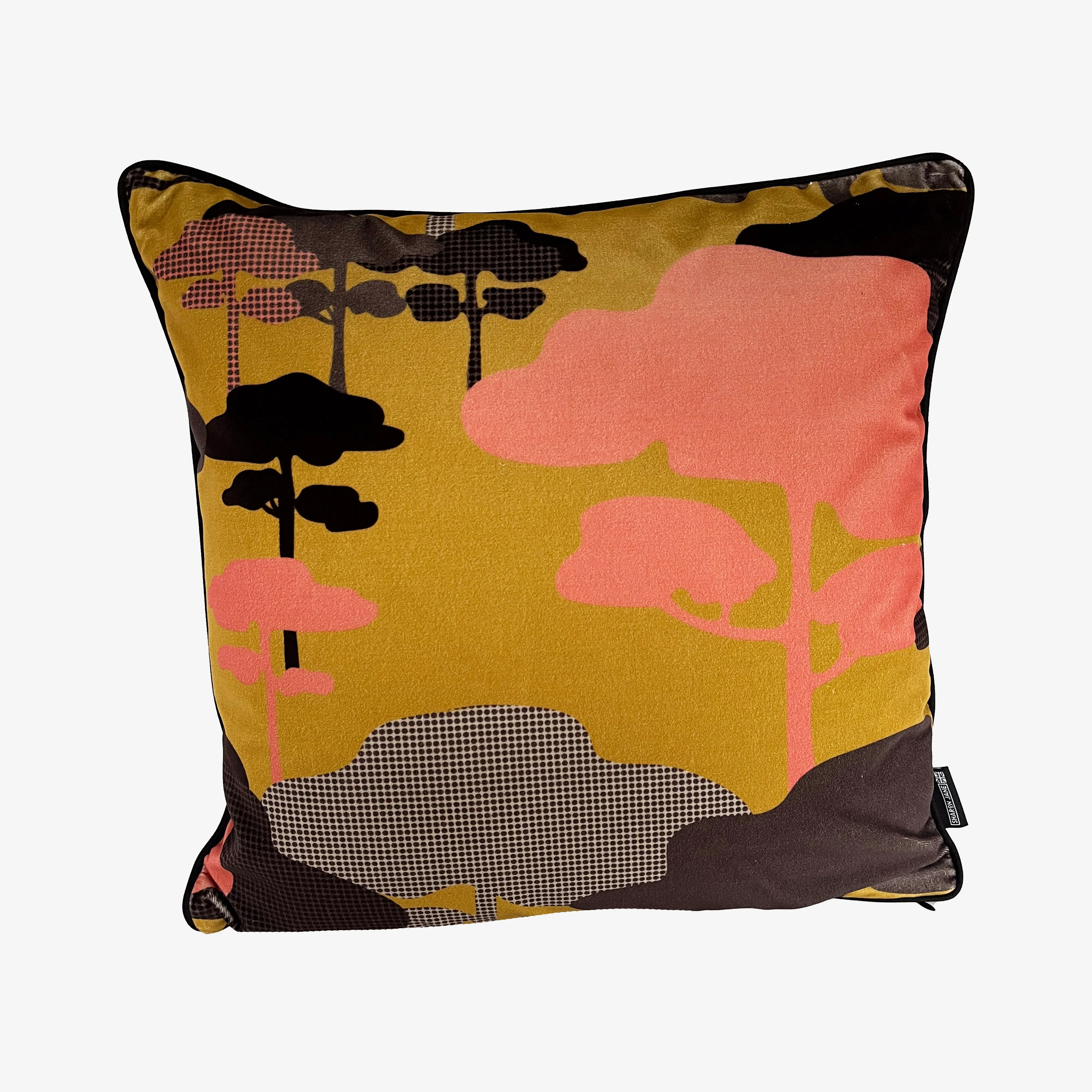 Retro Tree Velvet Cushion - Ochre, Coral   Graphite