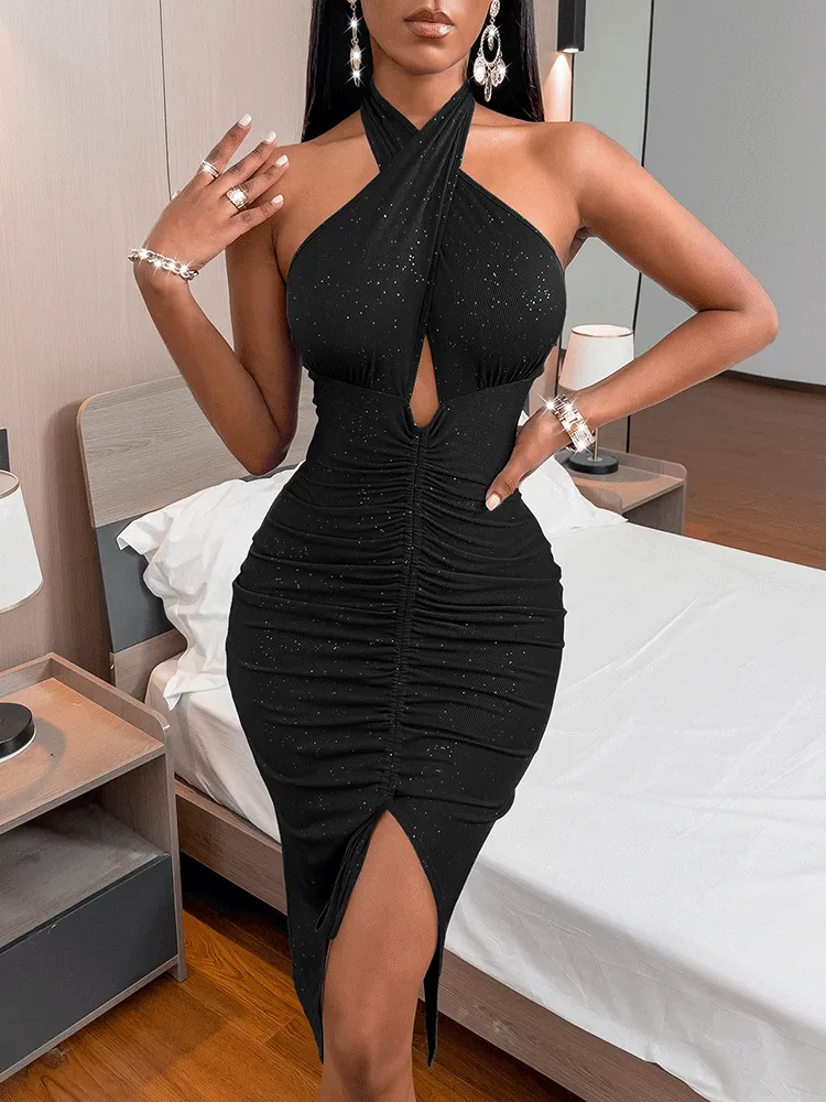 Ruched Halter Graceful Bodycon Midi Dress