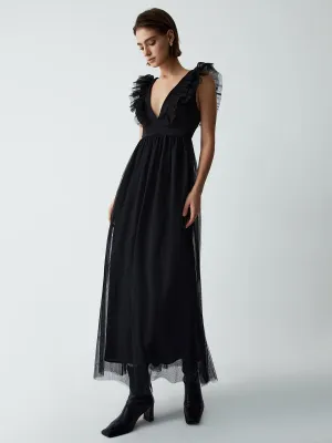 Ruffle Mesh Graceful Plunge Long Dress