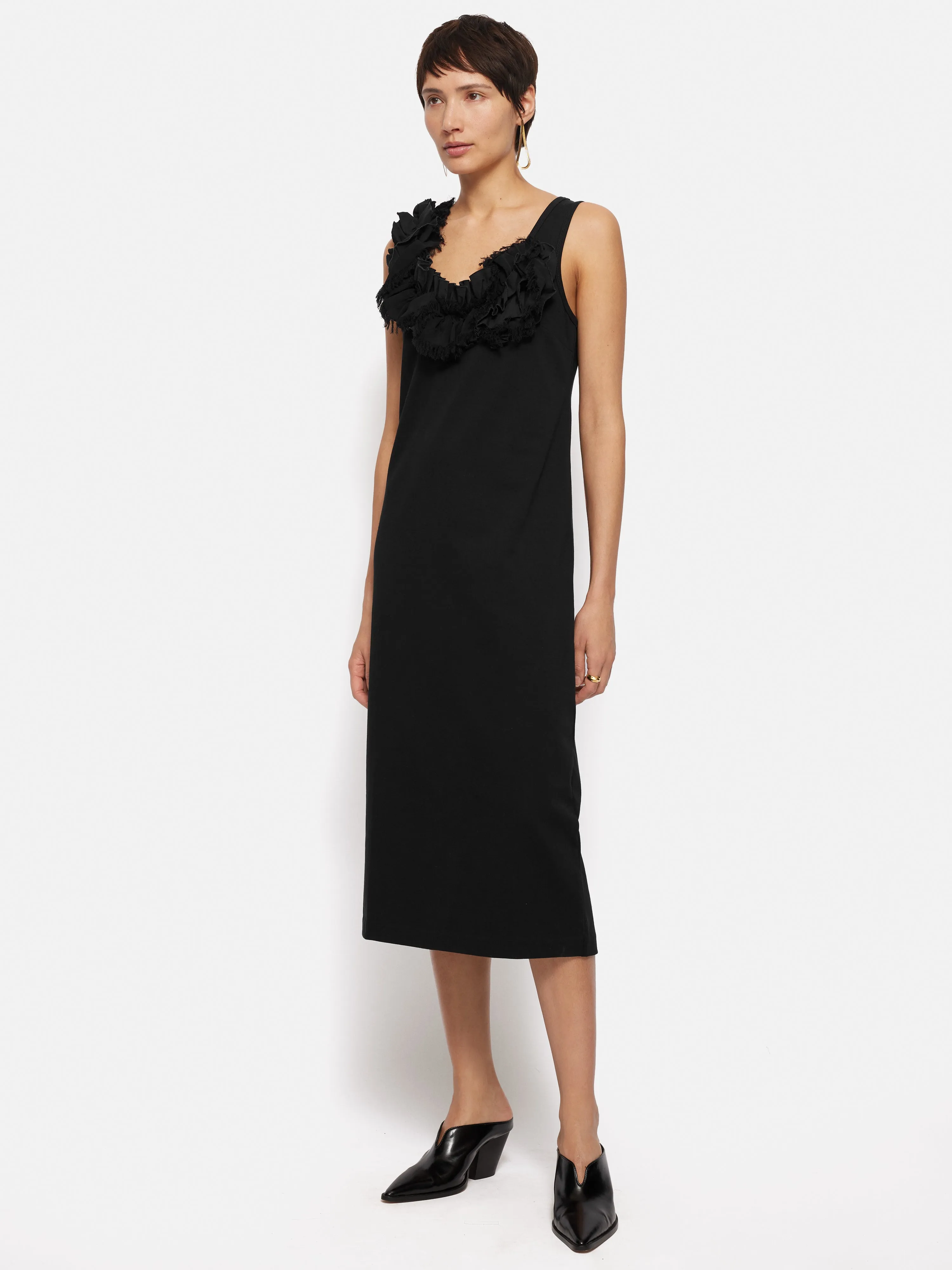 Ruffle Trim Jersey Dress | Black