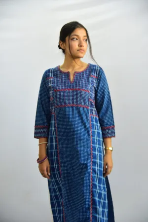 Sadhna ' Aabh' Blue - Tanka And Applique Work Long Cotton Kurta