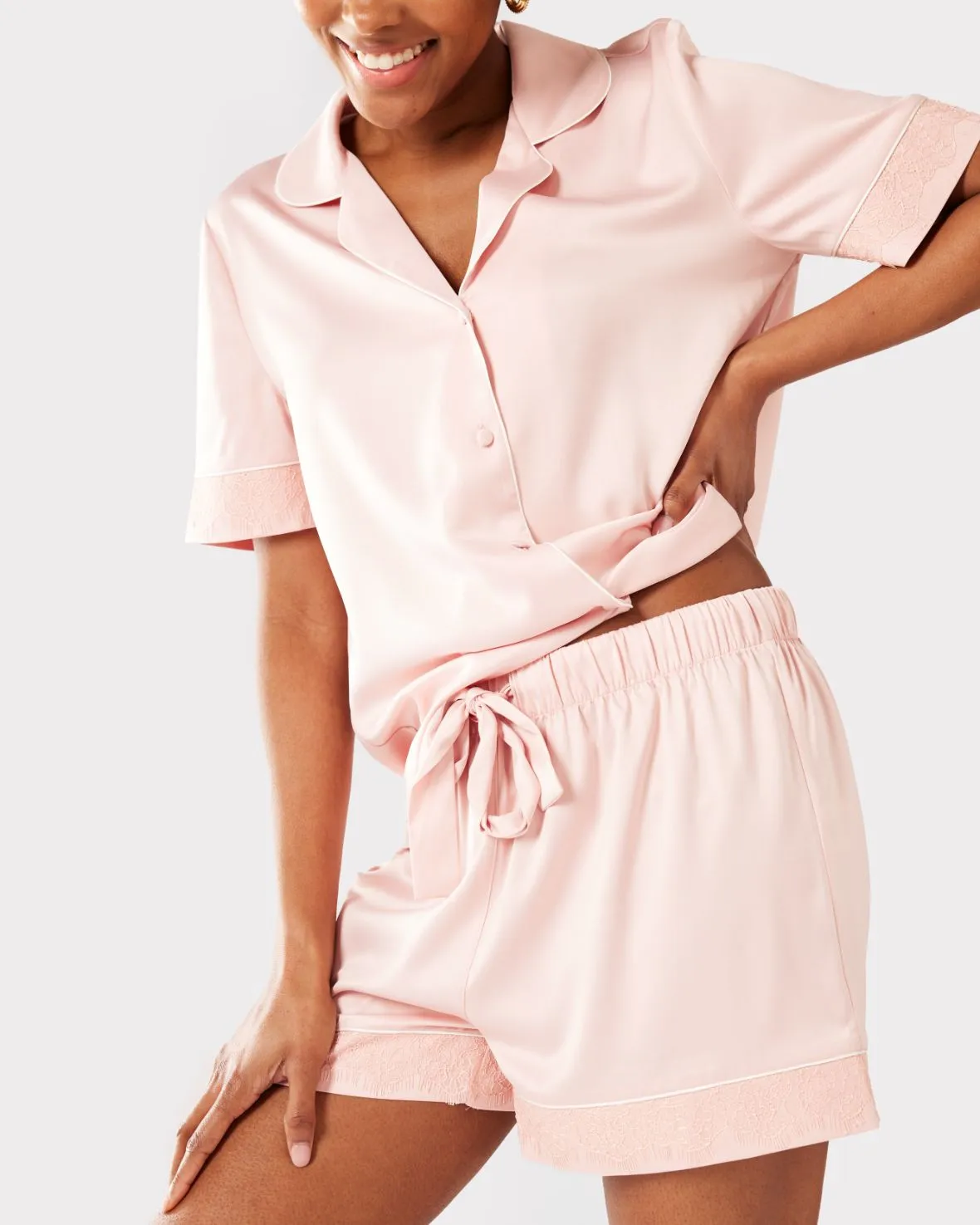 Satin Lace Trim Short Pyjama Set - Blush