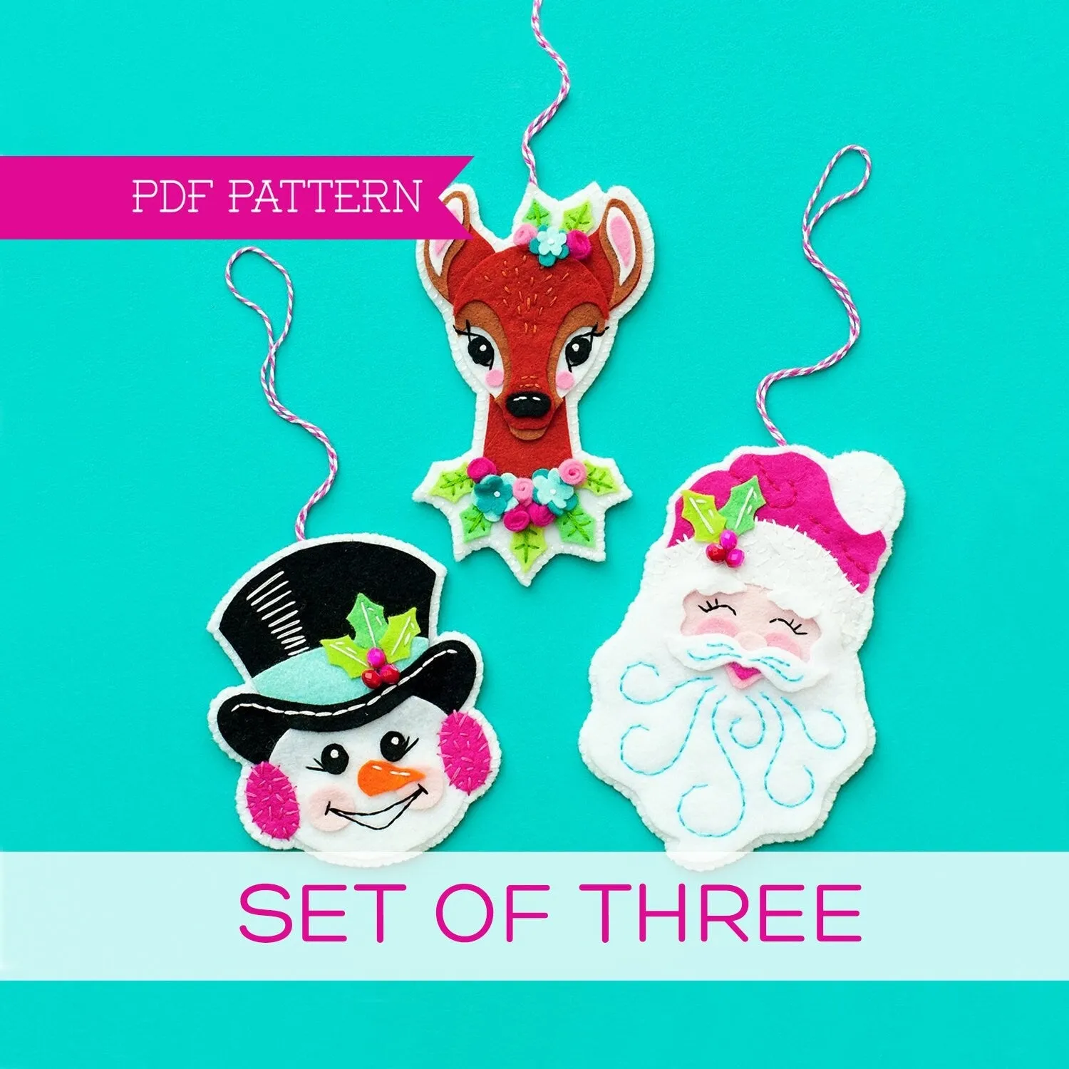 Snowman, Deer, and Santa Set of 3 Wool Felt Ornament PDF Patterns