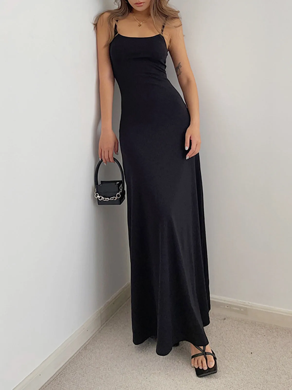 Solid Flowy Graceful Strap Long Dress